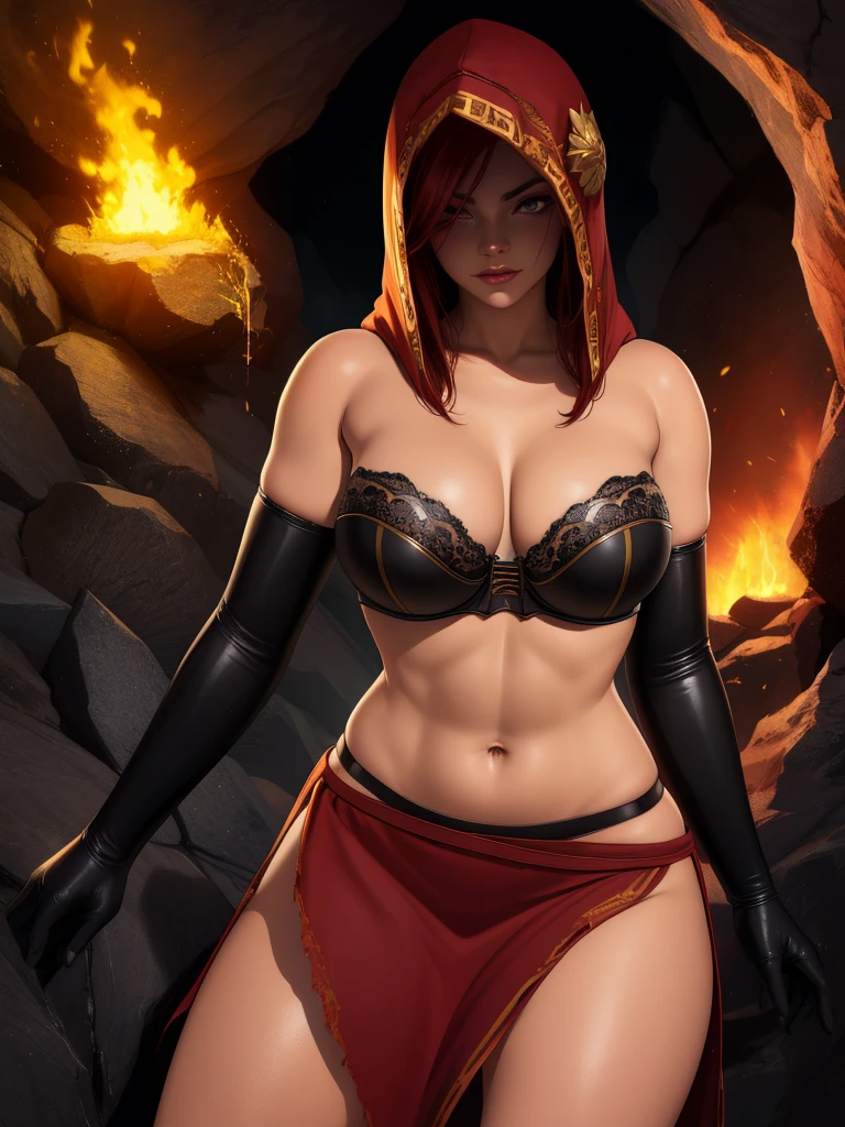 Dsorceress, redhair, shadowy face,dark cave, fire, hood, shadowed face, strapless bra, slim and athletic body, miniskirt, no panty, elbow gloves, dark skin, 1 girl (insanely detailed, masterpiece, best quality)