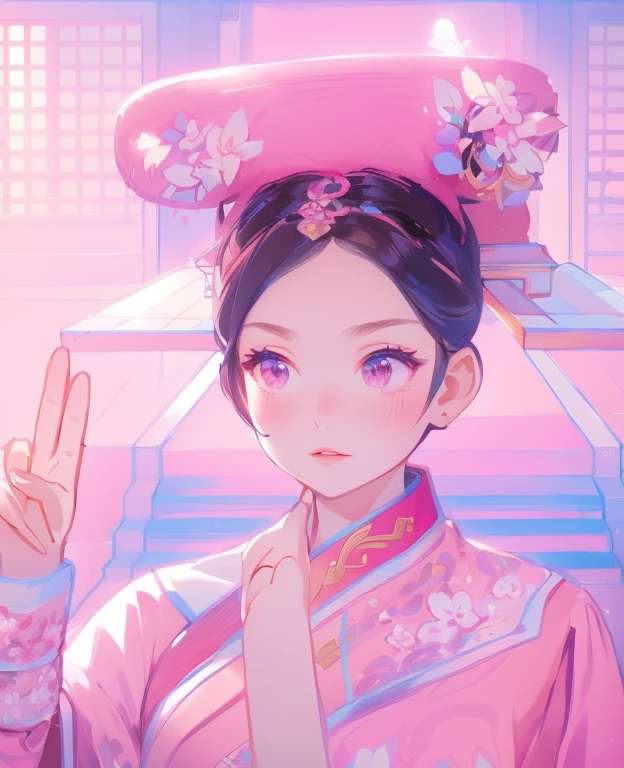 Close-up：Person in pink dress holding peace sign, palace ， Girl wearing Hanfu, Inspired by Ma Yuanyu, Inspired by Chen Daofu, Ghost Festival, 2 0 2 2 Anime style, 2022 anime style, Popular on cgstation, Inspired by Yao Tingmei