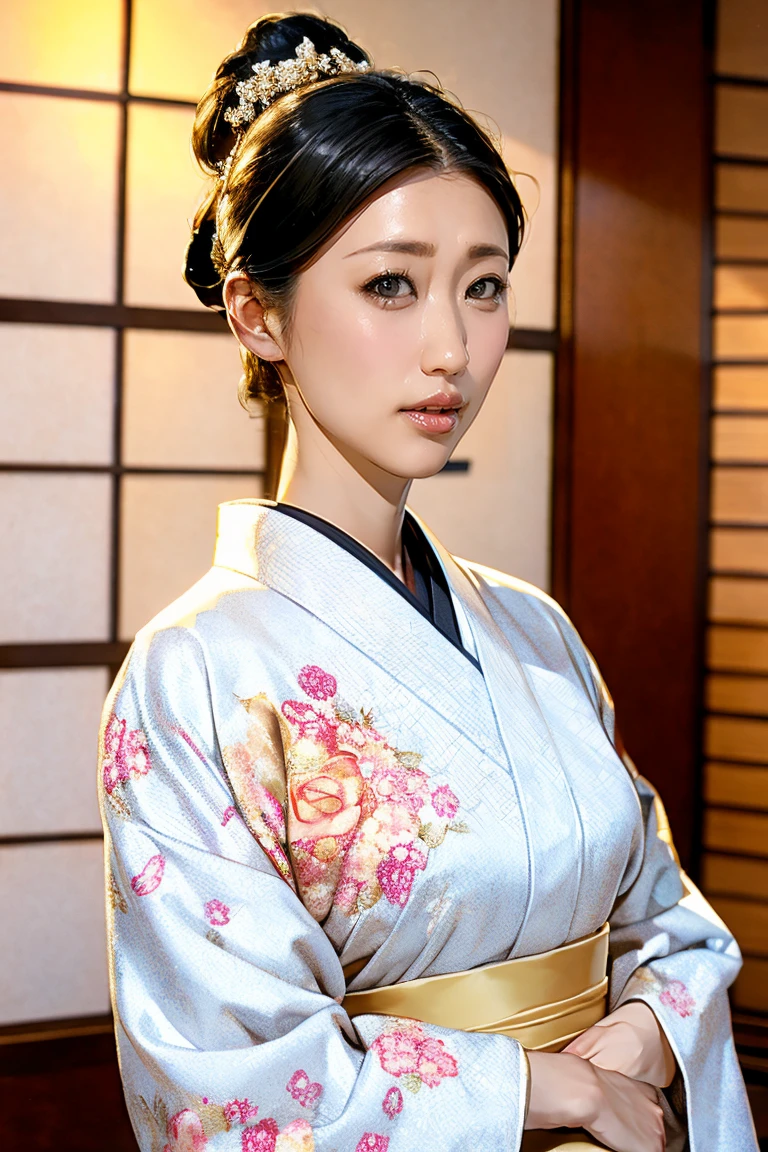 (Highest quality、Tabletop、8K、Best image quality、Award-winning works)、(1 Beautiful Mature Woman:1.1)、(Innkeeper:1.1)、(Elegant floral kimono:1.2)、(A kimono with a perfect and accurate collar:1.2)、Perfect Mature Woman Portrait Photo、Glowing Skin、Standing Elegantly、(Blurred elegant and elaborate perfect Japanese style room background:1.3)、(The most natural and perfect tidy Japanese-style room background:1.2)、(Elegant and luxurious Japanese style room background:1.1)、Glowing White Skin、Very white skin、(Accentuate your body lines:1.1)、(The most elegant posture:1.2)、(Large Breasts:1.2)、(Chignon:1.2)、(Accurate anatomy:1.2)、(Staring at me:1.3)、(Stand elegantly facing forward:1.2)、(Front view:1.3)