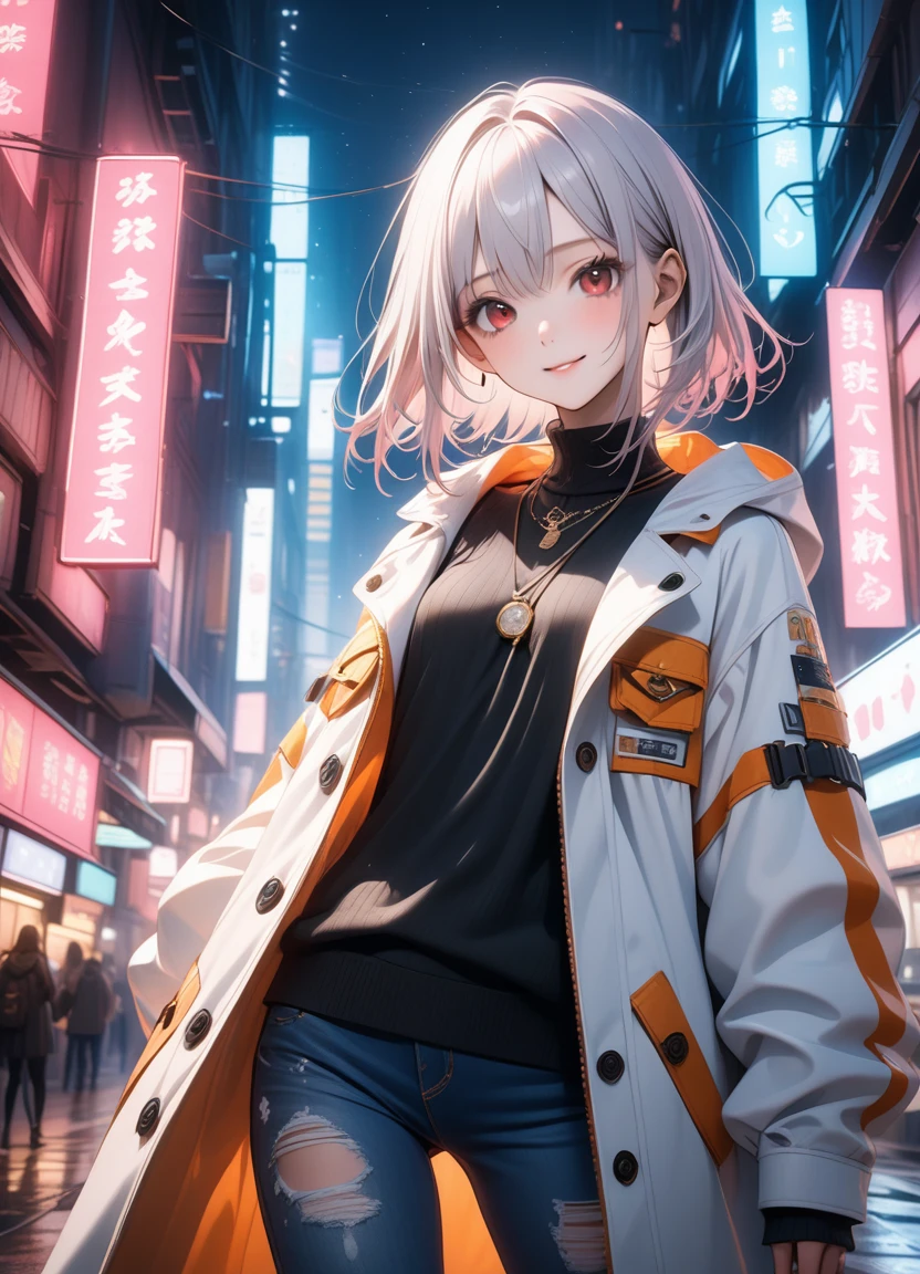 1girl, 15 years old, slim, small breasts, white hair, hairs between eyes, shoulder length hair, pale skin, bright red eye:1.3, white duffle coat and long-sleeve black sweater, open jacket, jeans, gold pocket watches hanging from the neck, BREAK kawaii, moon face, smile, cowboy shot, pose, (cyberpunk:1.3), city, neon light, (light particle:1.3), BREAK detailed face, smooth skin, cinematic lighting, volumetric shadow, BREAK 3D CG illustration, score_9, score_8_up, score_7_up, (masterpiece:1.2), (best quality:1.2), (very aesthetic:1.2), (absurdres:1.2), (detailed background), newest, (intricate:1.2), ai-generated, BREAK