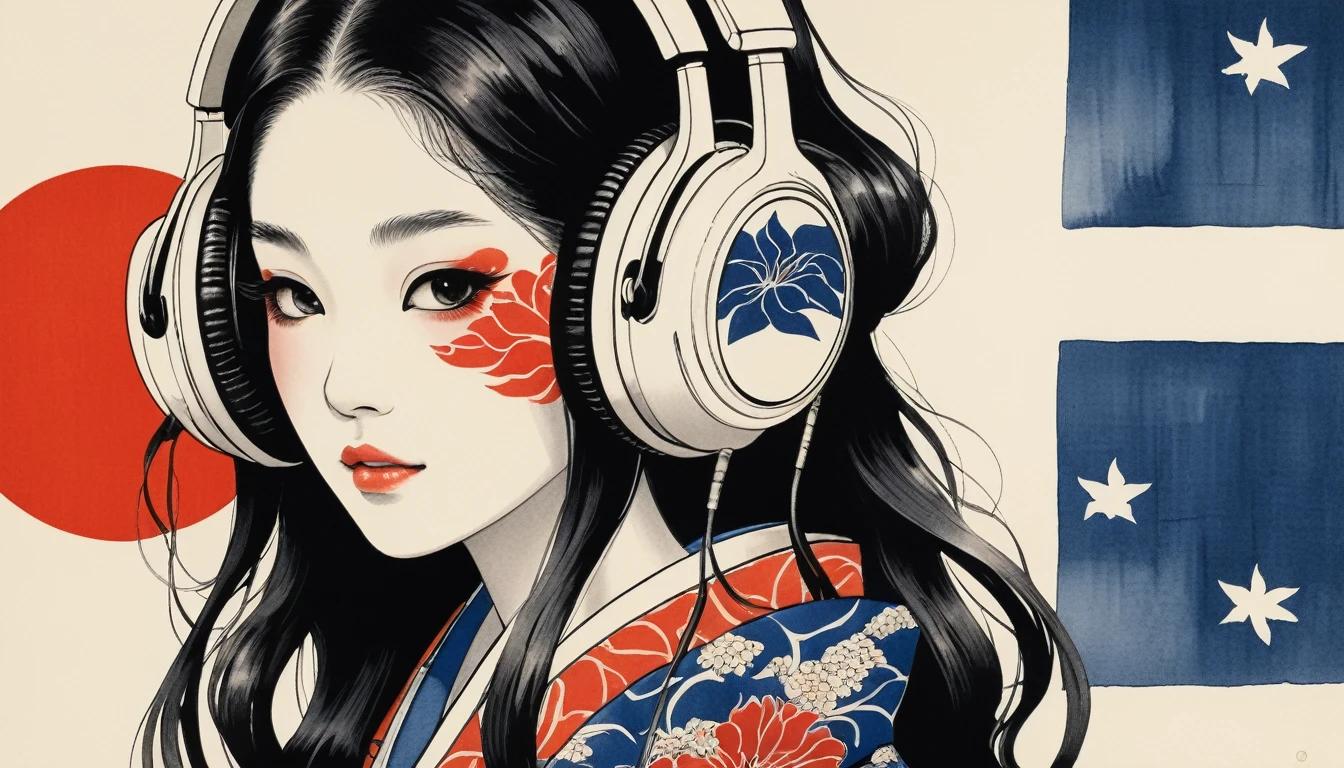 Japanese pattern mask, Highest quality, Katsushika Hokusai, Ink Painting, beautiful girl, Japanese style headphones, Delicate and precise, Modern ukiyo-e style, long hair, Japanese flag