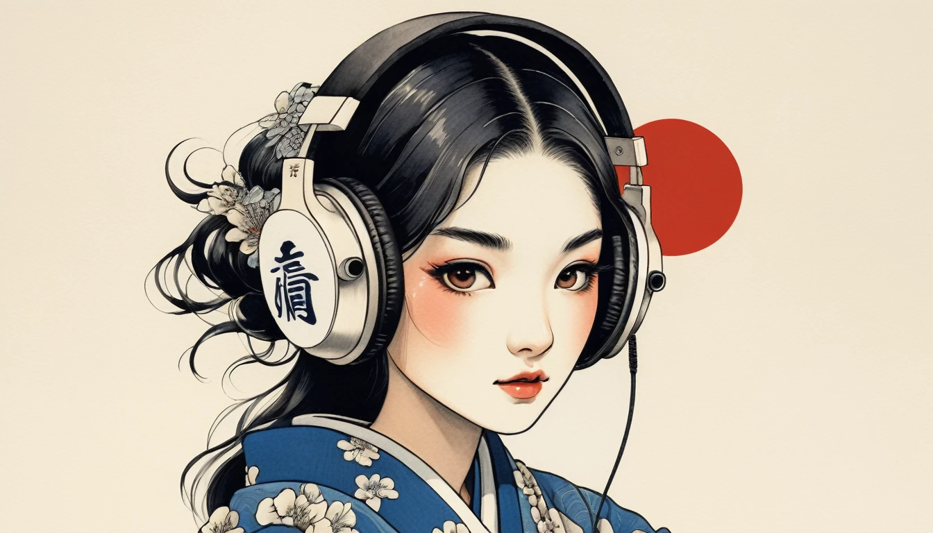 Japanese pattern mask, Highest quality, Katsushika Hokusai, Ink Painting, beautiful girl, Japanese style headphones, Delicate and precise, Modern ukiyo-e style, long hair, Japanese flag