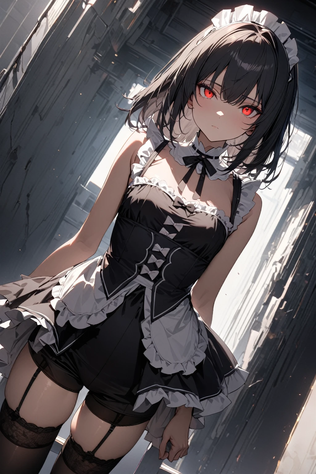 masterpiece, best quality, extremely detailed face, extremely detailed,
a handsome girl, solo, black hair, (silver inner hair:0.8), medium hair, red eyes, bright eyes, maid uniform, white high neck collar, sleeveless, black shorts, (garter rings), black tights, expressionless, perfect lighting, best angle,