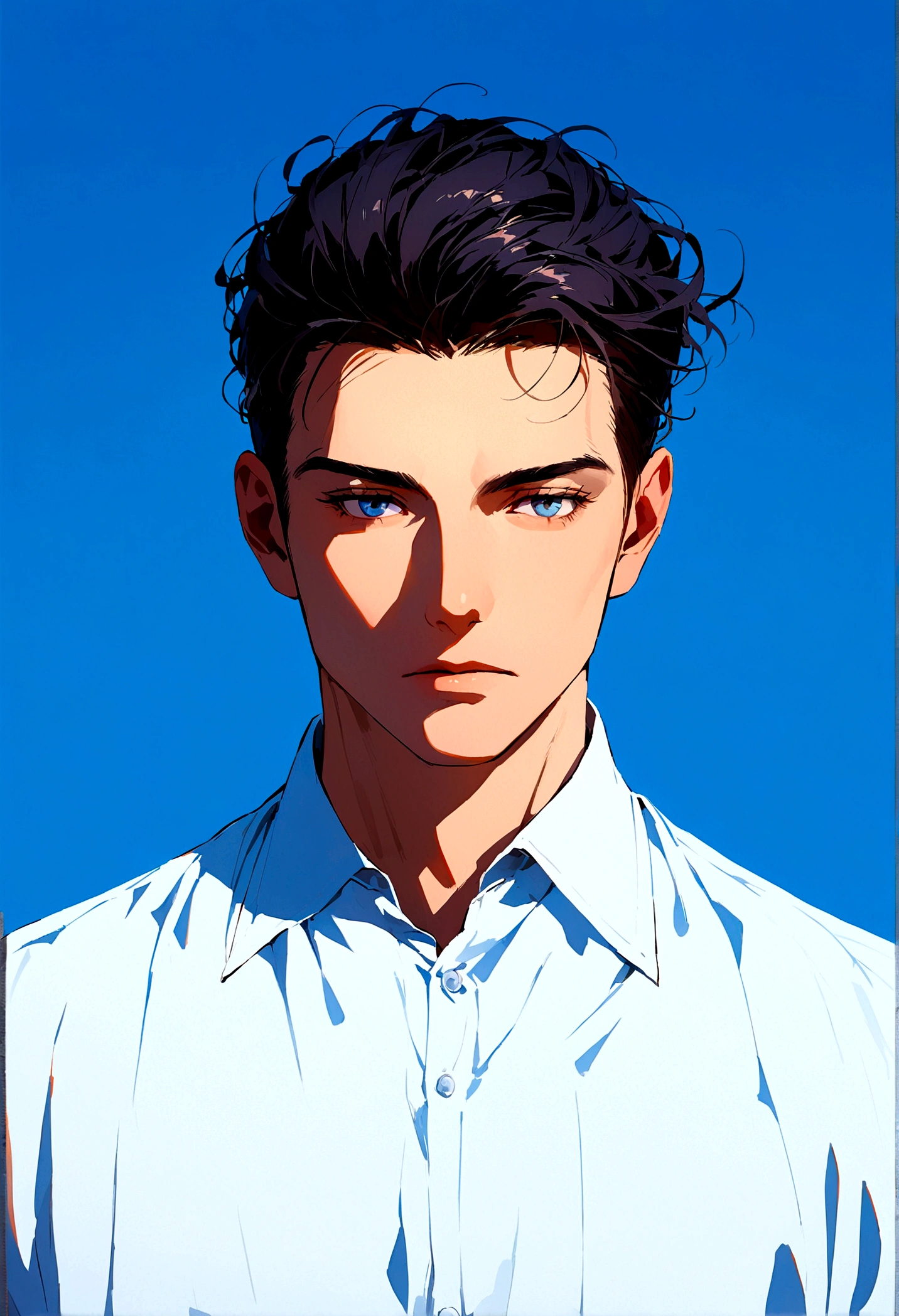 Blue background of handsome man 30 years old round face cinematic appearance、Light blue shirt with collar、Looking at the camera、Facing straight ahead