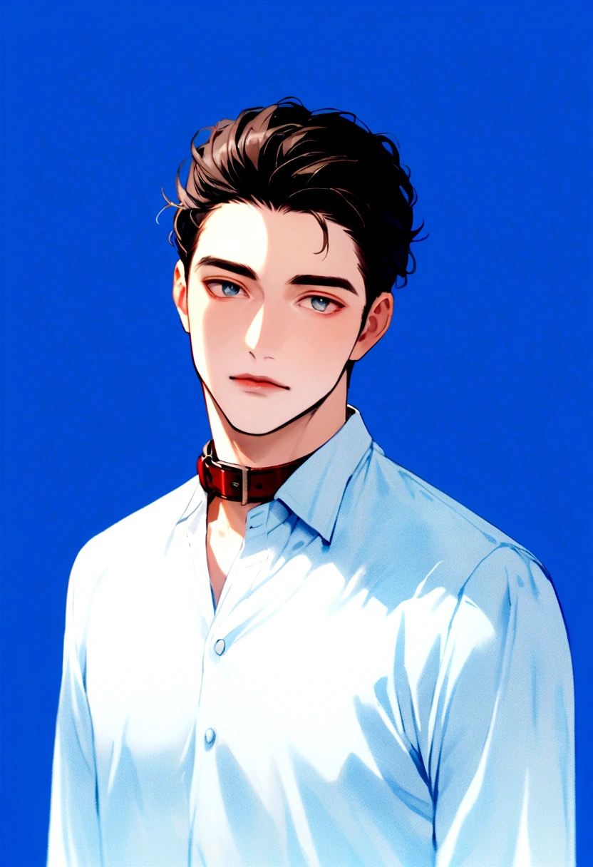 Blue background of handsome man 30 years old round face cinematic appearance、Light blue shirt with collar、Looking at the camera、Facing straight ahead