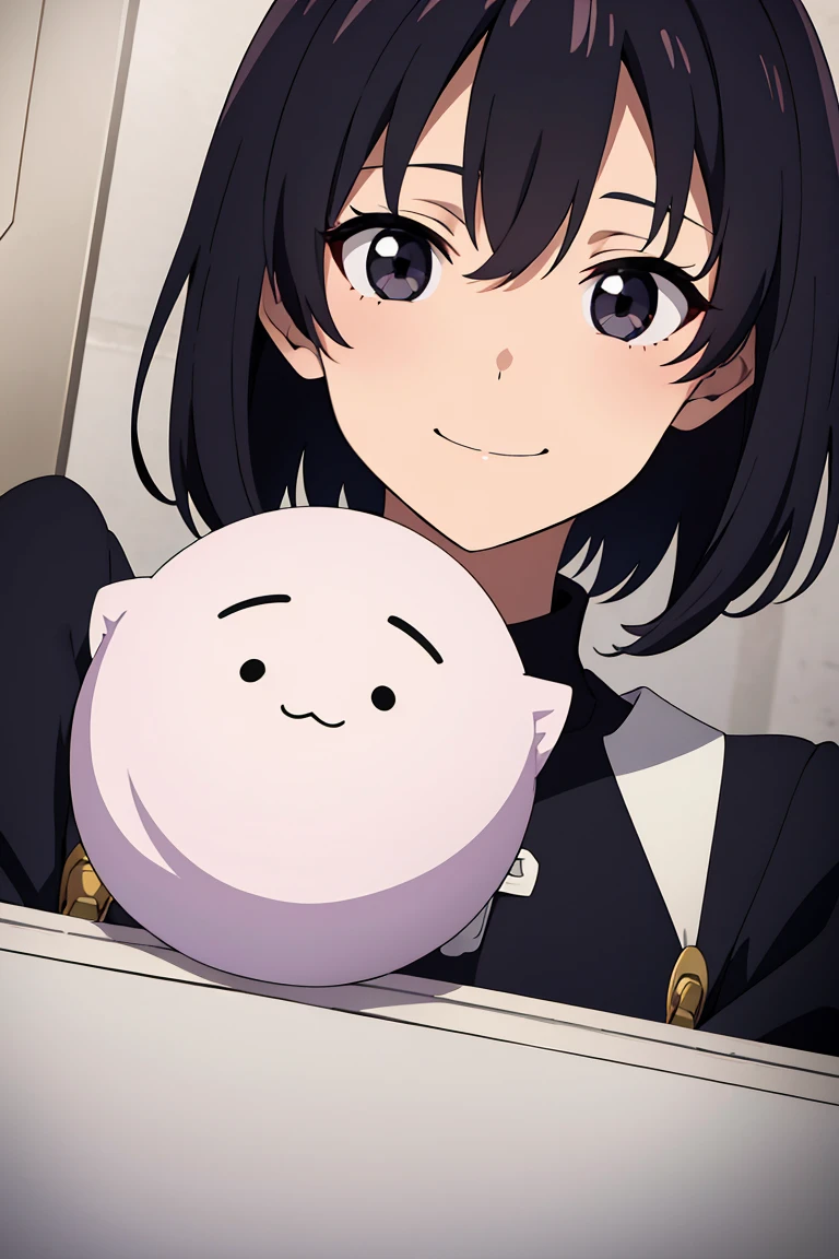 Anime girl, highschool ghost girl, , short hair , black eyes, smile, closed mouth, cheerful, highschool outfit, portrait