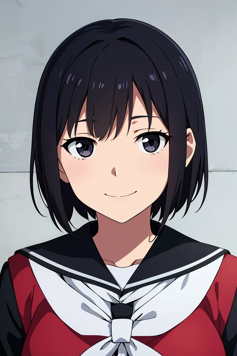 Anime girl, 16 years old highschool ghost girl, , short hair , black eyes, smile, closed mouth, cheerful, highschool outfit, portrait 
