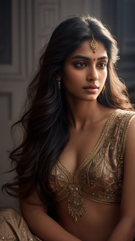 a beautiful mysterious indian woman, intricate detailed face, piercing eyes, long eyelashes, delicate skin, natural beauty, flowing hair, elegant pose, dramatic lighting, cinematic mood, muted color palette, chiaroscuro lighting, high quality, photorealistic, 8k, intricate details, professional rendering