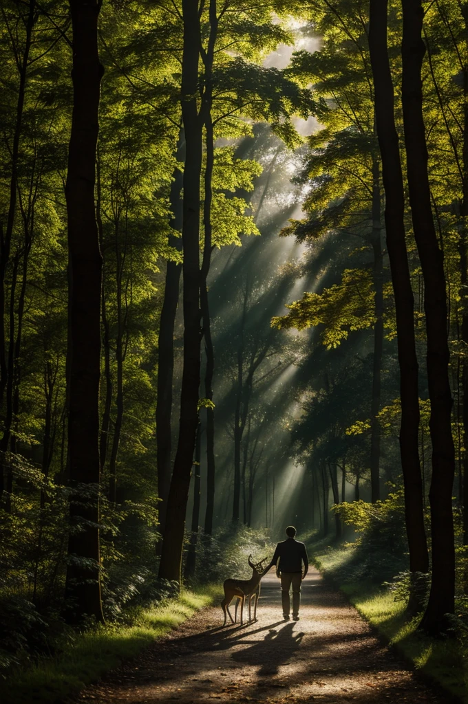 An owl and a young deer walking together through a mystical forest, with light filtering through the leaves.