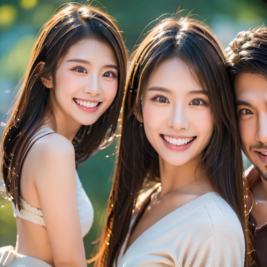 Two Asian beauties and one Asian handsome guy standing together,Double eyelids,Smile,White and straight teeth,Face clear,Close-up,Focus,Professional photography,8K