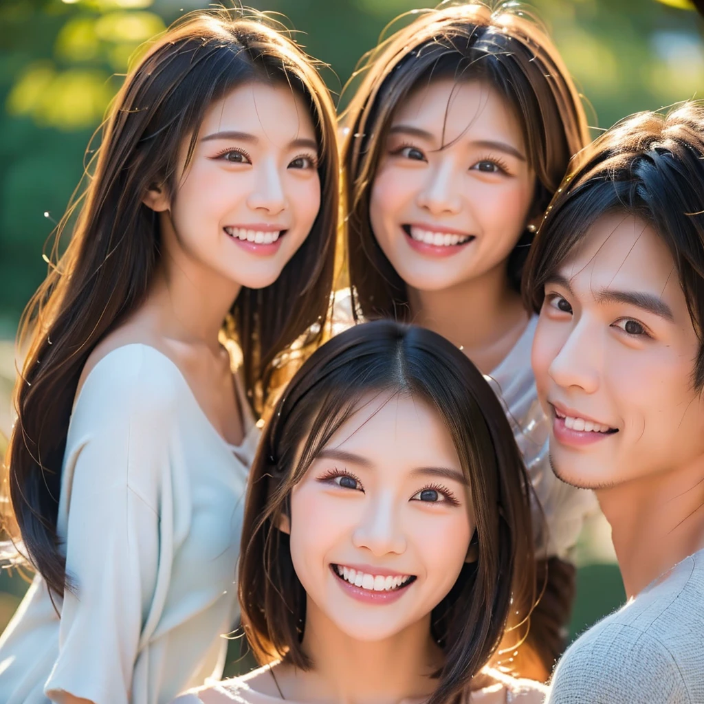 Two Asian beauties and one Asian handsome guy standing together,Double eyelids,Smile,White and straight teeth,Face clear,Close-up,Focus,Professional photography,8K