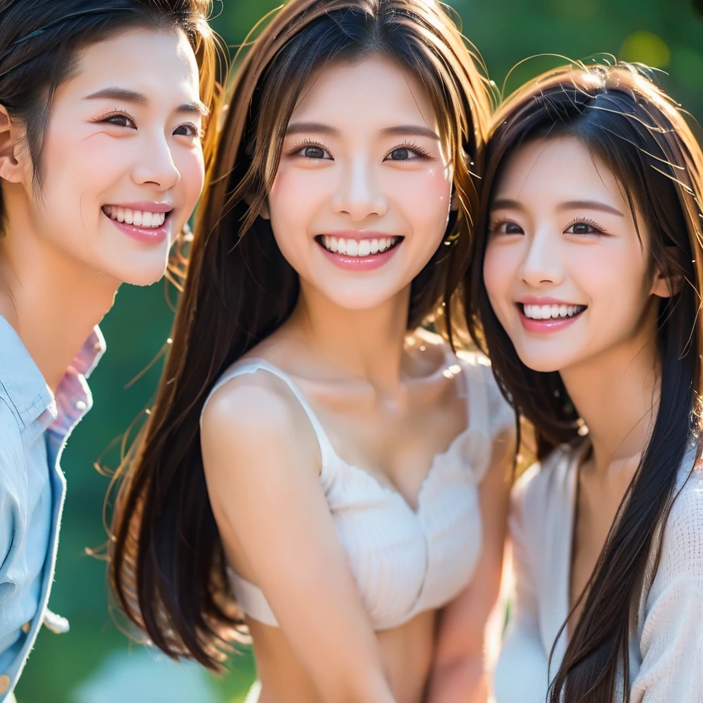 5girl, (big smile), beautiful face, Amazing face and eyes, delicate, (Best Quality:1.4), (Ultra-detailed), (extremely detailed beautiful face), (princess hair cut style), cute smile, brown eyes, (highly detailed Beautiful face), (white bikini:1.2), (extremely detailed CG unified 8k wallpaper), Highly detailed, High-definition raw color photos, Professional Photography, Realistic portrait, evening, Extremely high resolution, smiling, modern, trendy, fashionable, Group photo of high school girls, face close-up, (beach)