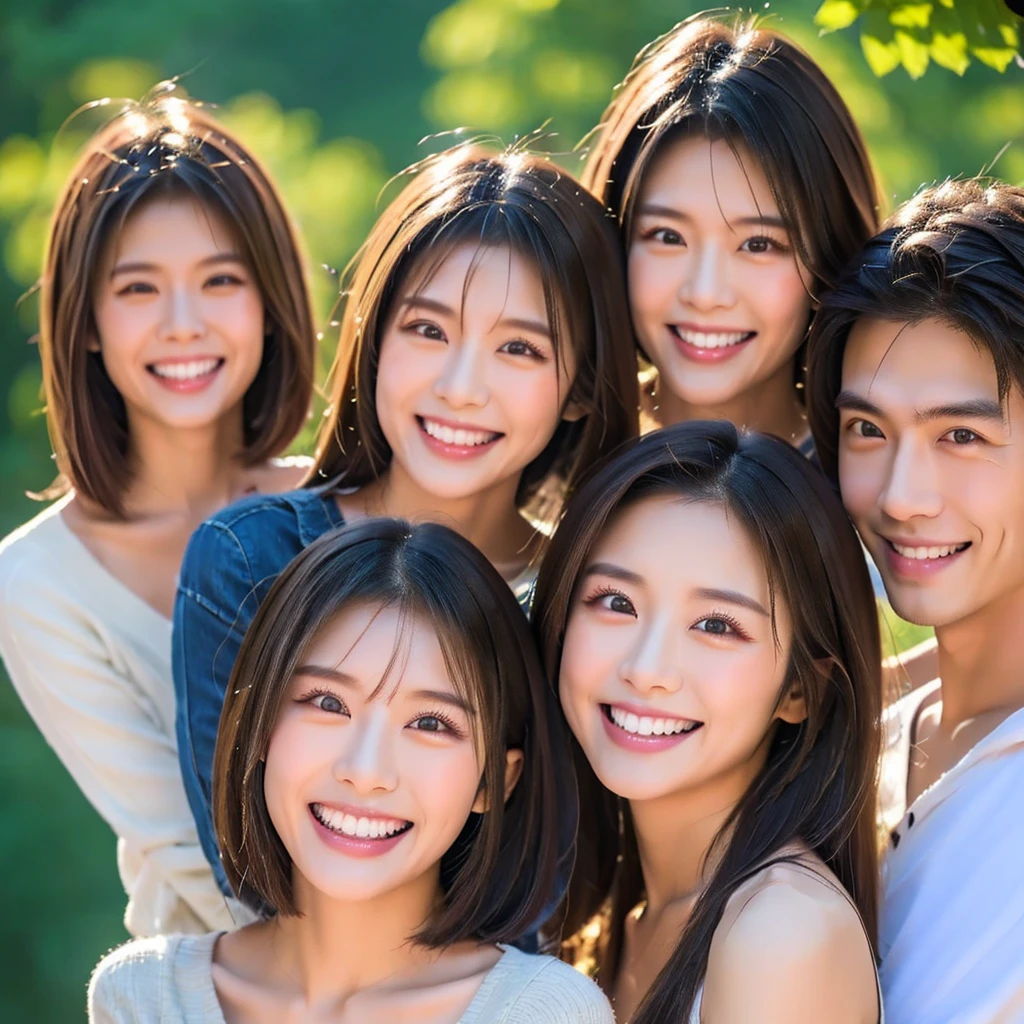 Two Asian beauties and one Asian handsome guy standing together，Double eyelids，Smile，White and straight teeth，Face clear，Close-up，Focus，Professional photography，8K