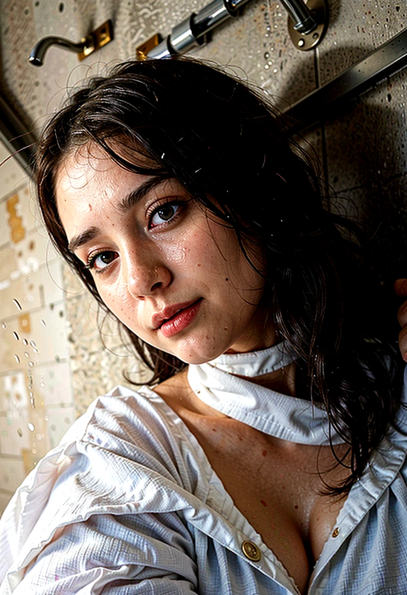((best quality)), ((masterpiece)), (ultra details), background black, black background, taking a shower, water splash, splashed water, get splashed, got drenched, taking a shower, wet body 1girl, cute face, k-pop idle IVE, red lip, sad face, cleavage, C-cup, close-up, ultra close up, (head shot:1.2), head shot, at very close range, shot from side, shot from below