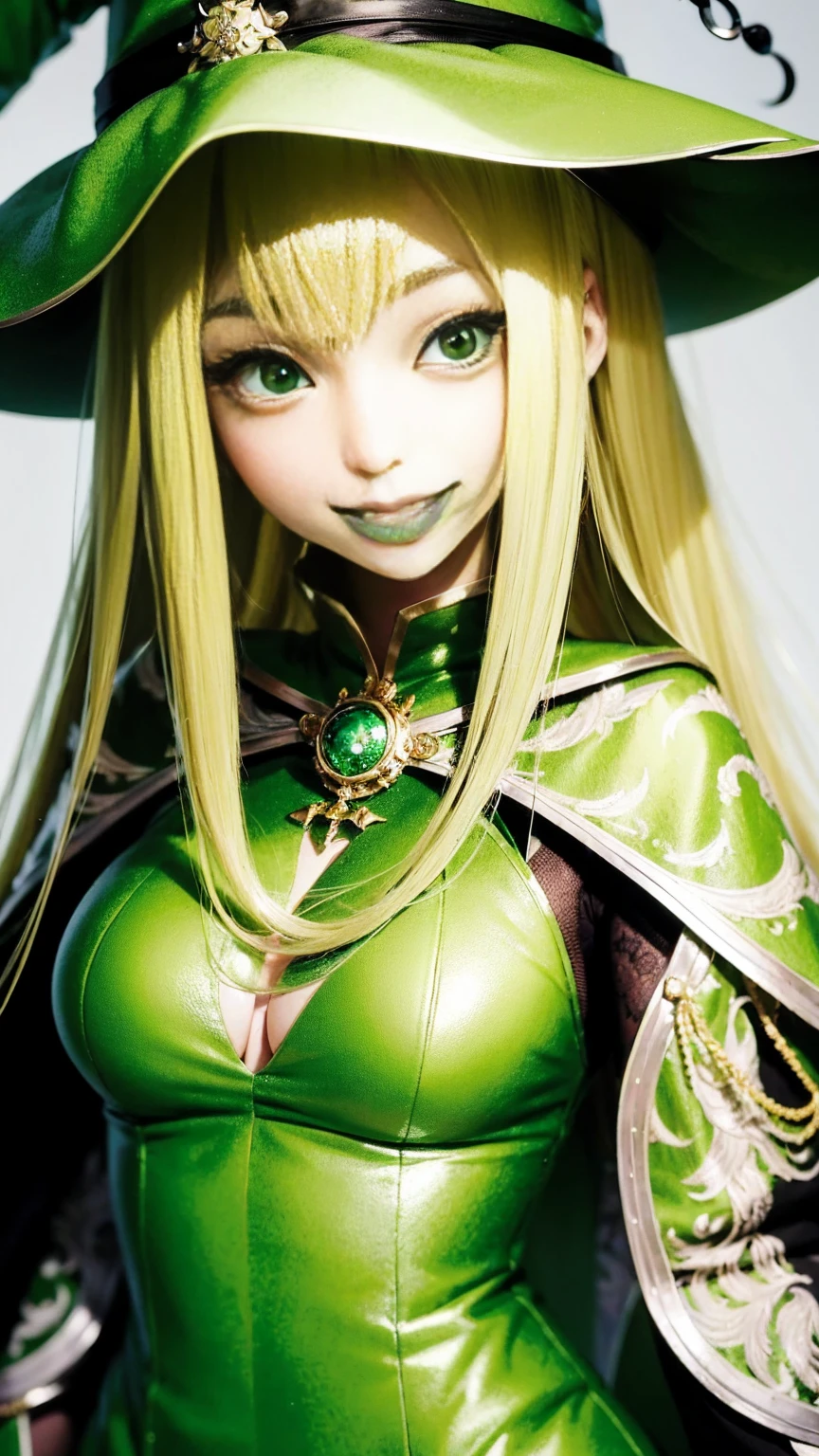 Anime girl in green witch hat and green witch outfit, Blonde, extremely detailed art gelm, Gwaiz, art gelm and atey ghailan, marisa kirisame, art gelm. High detail, Cunning Smile, Close-up portrait of a magician, art gelm detailed, stanley art gelm lau