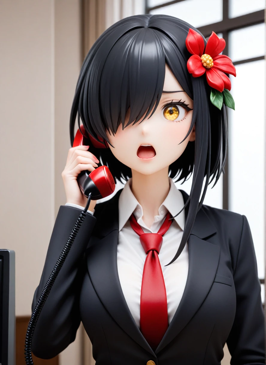 One girl, tie, red tie, Telephone, (Short black hair), Open your mouth, Yellow Eyes, Red flower hair ornament,alone, Hair on one eye, suit, Jacket, formal, shirt, Official Alternative Costumes, white shirt, black Jacket, smartTelephone, collared shirt, talking on smartTelephone, Telephoneing, Telephone, Upper Body,blazer, business suit, indoor,Long sleeve, chest, window,Blurred Background, Are standing, medium chest ,masterpiece, 最high quality, high quality,