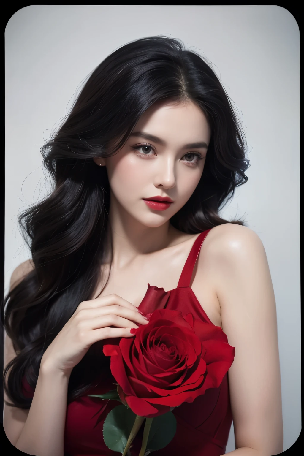 a woman holding a rose in her hand with a black and white background, red rose in hair, red rose, beautiful retro art, holding a rose, holding a red rose, vintage noir, artstyle tom bagshaw, gorgeous art, gorgeous woman, by Mark Brooks, red roses, by Wayne England, beautiful artwork, rose in hair, by Glen Angus, 48K