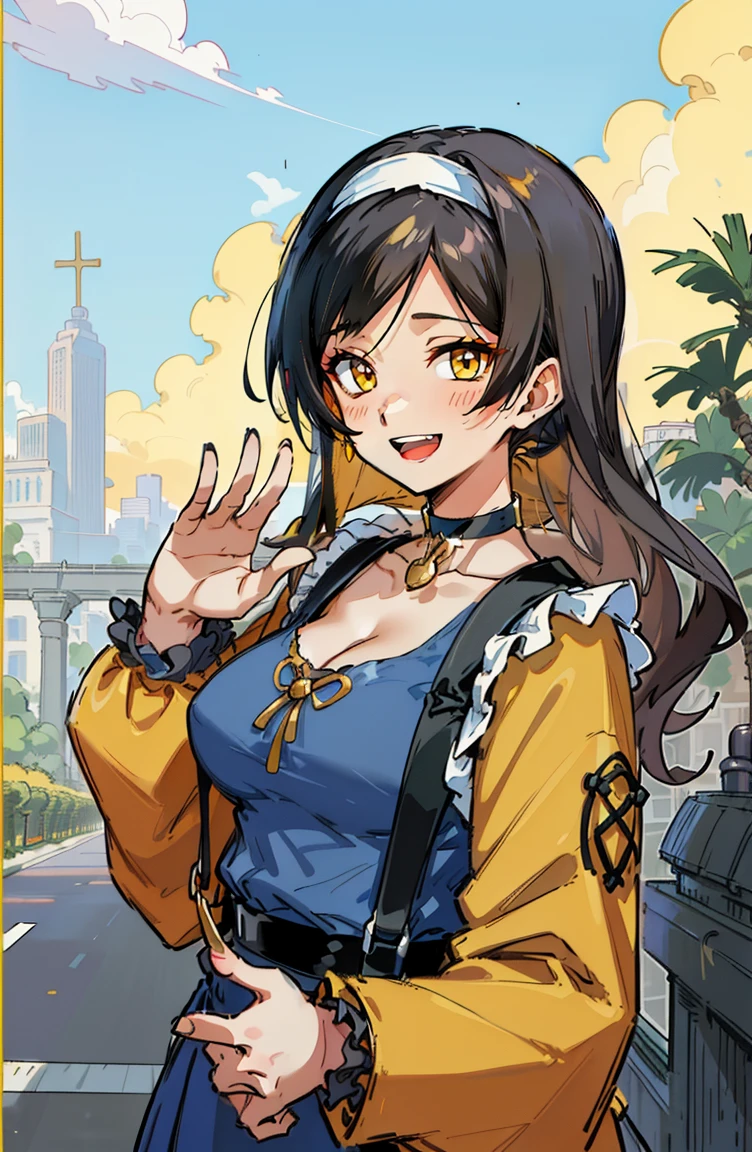 (masterpiece:1.2), (high quality:1.2), (hui xiyi:0.75), rekkyo sensen, rekkyou sensen, girls with((black hair, (tits cleavage:1.15), (waving is hands:1.2), (breasts close up:1.15), (suspenders:1.2), (dress:0.65), (blue clothes:1.05), (ribbon belt:0.7), (frills shirt:1.2), (frills camisole:1.2), exposed breasts, straps, (furry jacket, rosary choker, golden rosary:1.1), (cross:1.05), upper body, (long wavy hair:1.2), (one side up:1.2), nun, long sleeves, (perfect hands:1.05), (five fingers:1.05))), background with ((architecture, blue sky, building, bush, castle, city, cityscape, cloud, cloudy sky, day, fence, field, garden, grass, ground vehicle, hill, house, lamppost, landscape, mountain, mountainous horizon, nature, no humans, outdoors, palm tree, park, path, pavement, plant, road, rock, scenery, shrine, sky, skyline, skyscraper, street, tower, tree, tree shade, wall)), cowboy shot, anime, anime style
