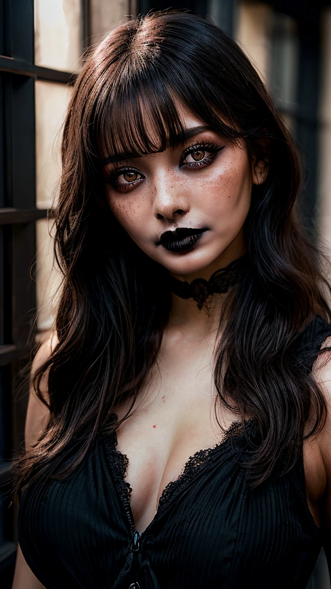 (best quality, hyperdetailed photography:1.2), beautiful Indian lady, ((dark black lipstick)), freckles, gothic makeup, soft light, curvy figure, head and breast portrait, cover, (detailed beautiful face, detail skin texture, ultra-detailed body:1.1) sexy vampire women, closeup