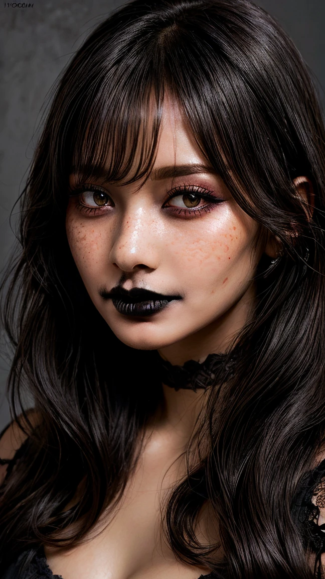 (best quality, hyperdetailed photography:1.2), beautiful Indian lady, ((dark black lipstick)), freckles, gothic makeup, soft light, curvy figure, head and breast portrait, cover, (detailed beautiful face, detail skin texture, ultra-detailed body:1.1) sexy vampire women, closeup