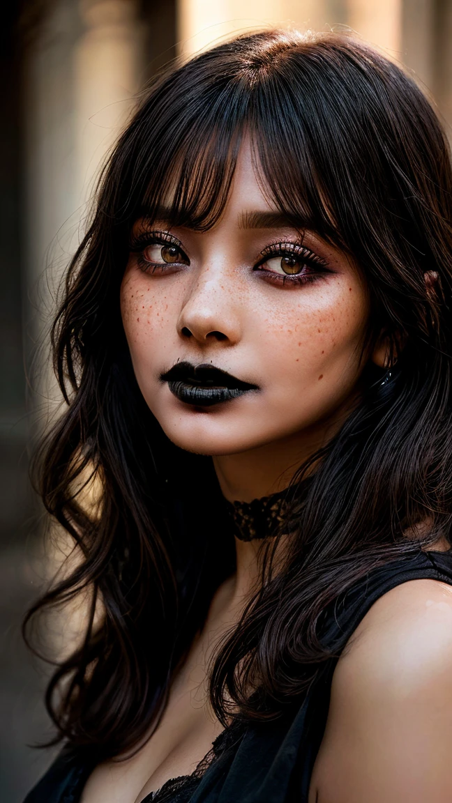 (best quality, hyperdetailed photography:1.2), beautiful Indian lady, ((dark black lipstick)), freckles, gothic makeup, soft light, curvy figure, head and breast portrait, cover, (detailed beautiful face, detail skin texture, ultra-detailed body:1.1) sexy vampire women, closeup