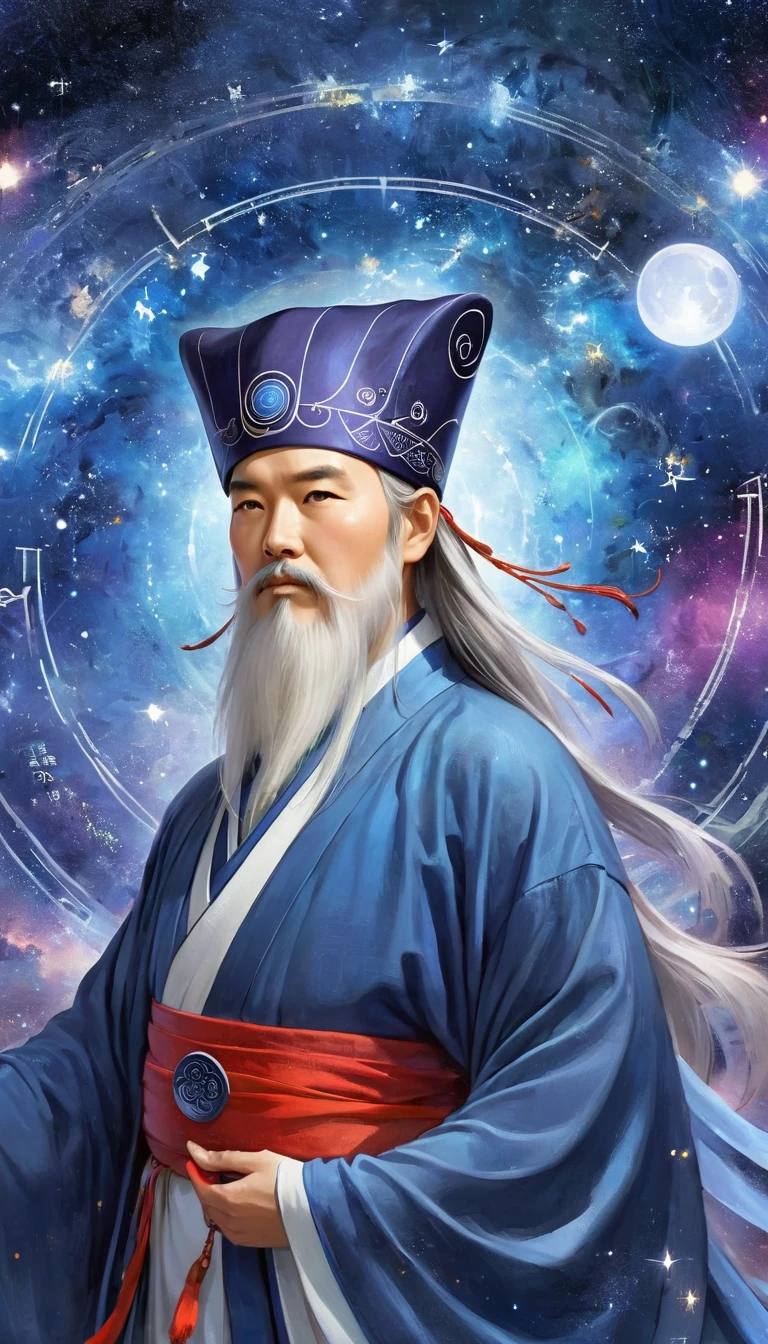 Oriental Fortune Teller,Master,elder,Official hat,White beard,Hanfu robe,Look up at the stars,Galaxy Tai Chi Bagua Diagram,artistic conception,Array,Runes,Luminescence,dream