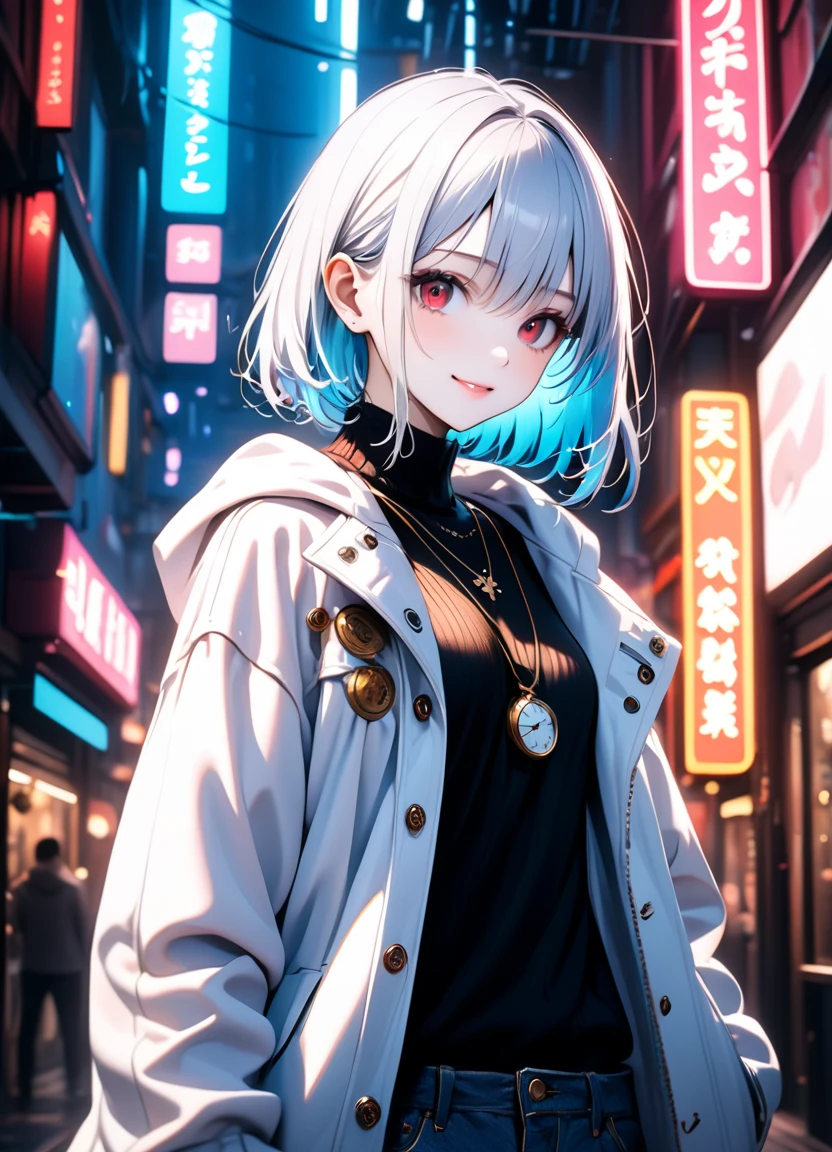 1girl, 15 years old, slim, small breasts, white hair, hairs between eyes, shoulder length hair, pale skin, bright red eye:1.3, white duffle coat and long-sleeve black sweater, open jacket, jeans, gold pocket watches hanging from the neck, BREAK kawaii, smile, cowboy shot, pose, (cyberpunk:1.3), city, neon light, (light particle:1.3), BREAK detailed face, smooth skin, cinematic lighting, volumetric shadow, BREAK 3D CG illustration, score_9, score_8_up, score_7_up, (masterpiece:1.2), (best quality:1.2), (very aesthetic:1.2), (absurdres:1.2), (detailed background), newest, (intricate:1.2), ai-generated, BREAK