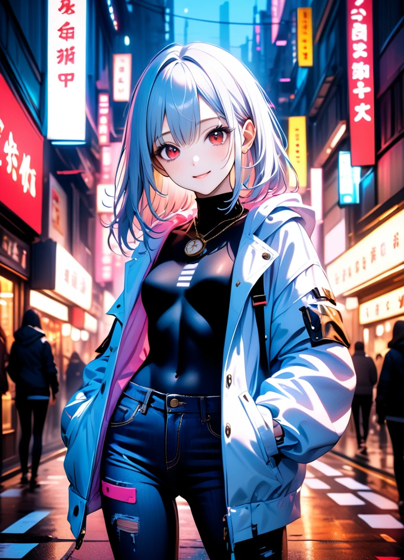 1girl, 15 years old, slim, small breasts, white hair, hairs between eyes, shoulder length hair, pale skin, bright red eye:1.3, white duffle coat and long-sleeve black sweater, open jacket, jeans, gold pocket watches hanging from the neck, BREAK kawaii, smile, cowboy shot, pose, (cyberpunk:1.3), city, neon light, (light particle:1.3), BREAK detailed face, smooth skin, cinematic lighting, volumetric shadow, BREAK 3D CG illustration, score_9, score_8_up, score_7_up, (masterpiece:1.2), (best quality:1.2), (very aesthetic:1.2), (absurdres:1.2), (detailed background), newest, (intricate:1.2), ai-generated, BREAK