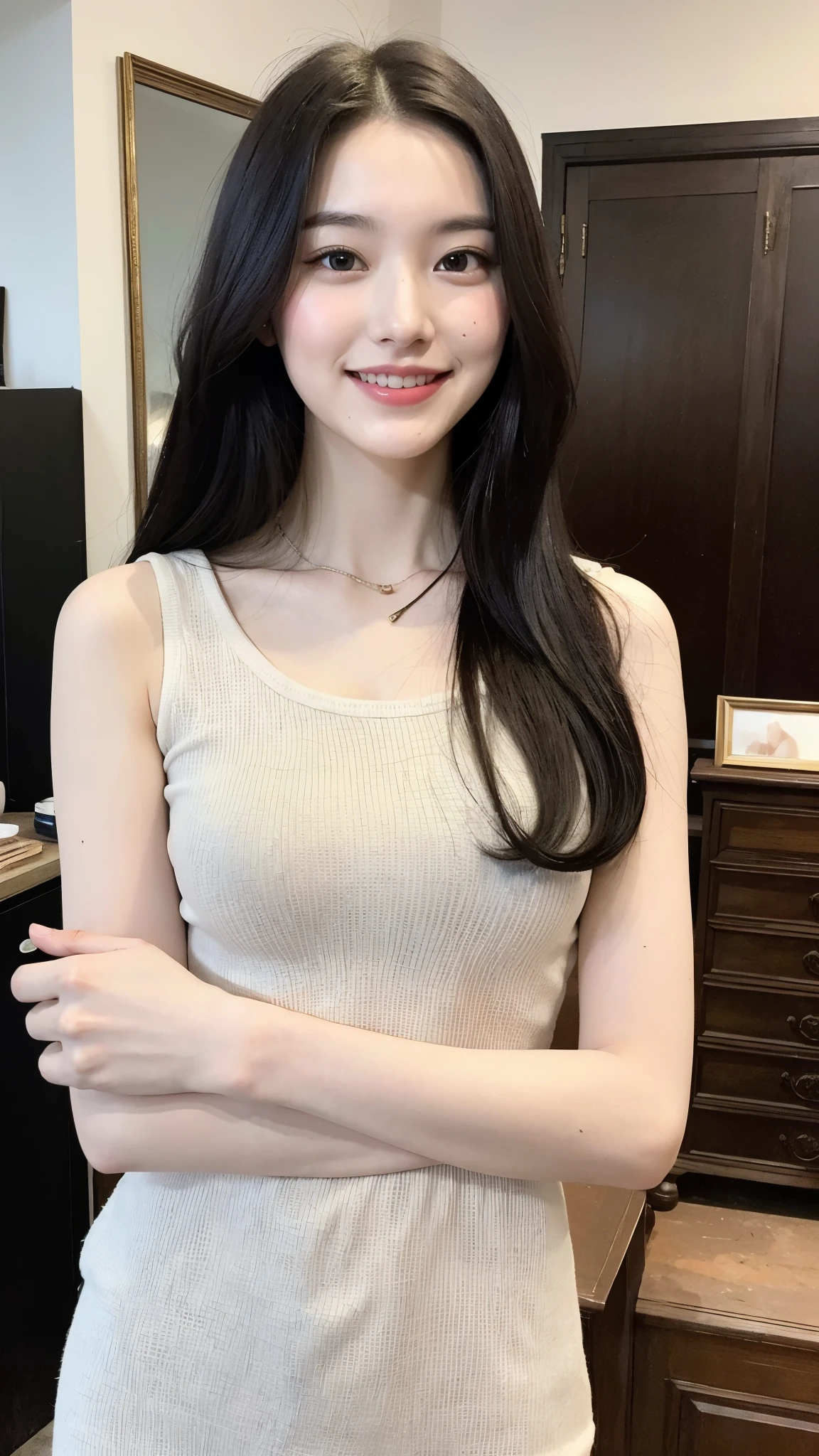 22-year-old girl, with gray eyes, pale white skin, slim figure, smiling, black hair, fashionable, arranging antiques, photo taken with an ultra-realistic professional camera