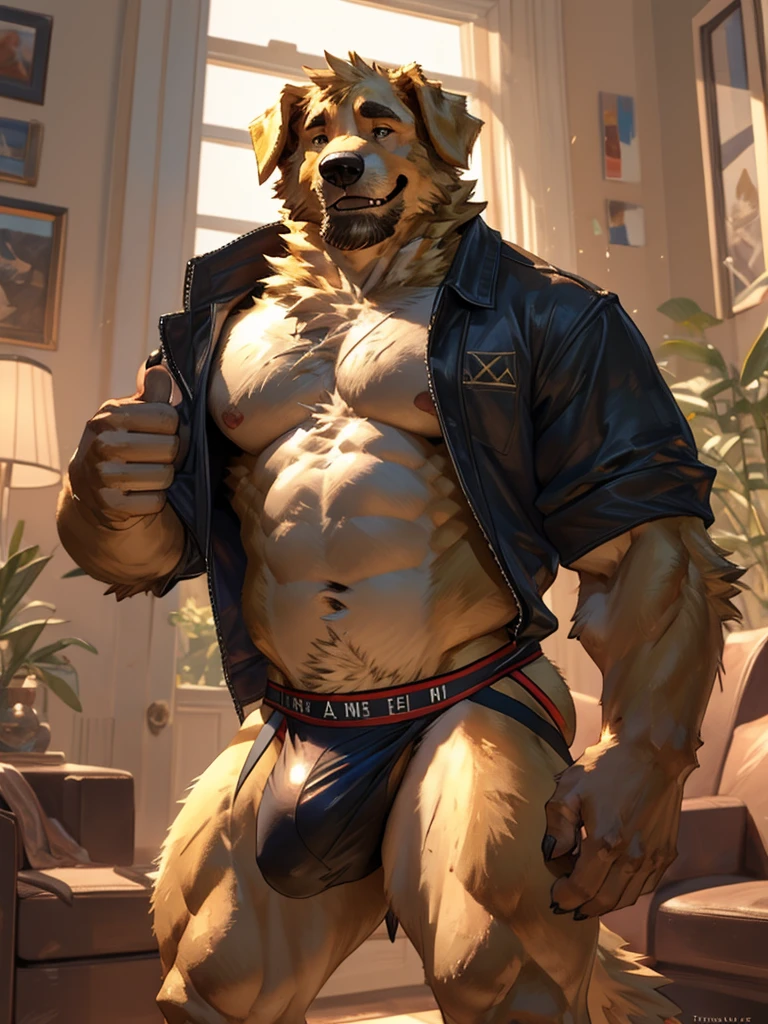 By Taran fiddler, a picture of an adult male, furry canine (golden retriever), black color jockstrap, golden retriever, dilf, rugged features, stubble beard, slight wrinkles on face, smiling, one man, naked, a naked golden retriever anthro taking off his jackstrap, a golden retriever undressing himself, loosely wearing white jockstrap, jockstrap halfway down thighs, bulging crotch, hands pulling down jockstrap, stepping out jockstrap, taking off undergarments, becoming naked, one leg up, flaccid penis, cock peeking past jockstrap waistband, one hand doing thumbs up, winking, facing viewer, plain living room in background, modern living room background, muted lighting, dynamic angle, dynamic posing, extreme close-up, zoomed in on crotch