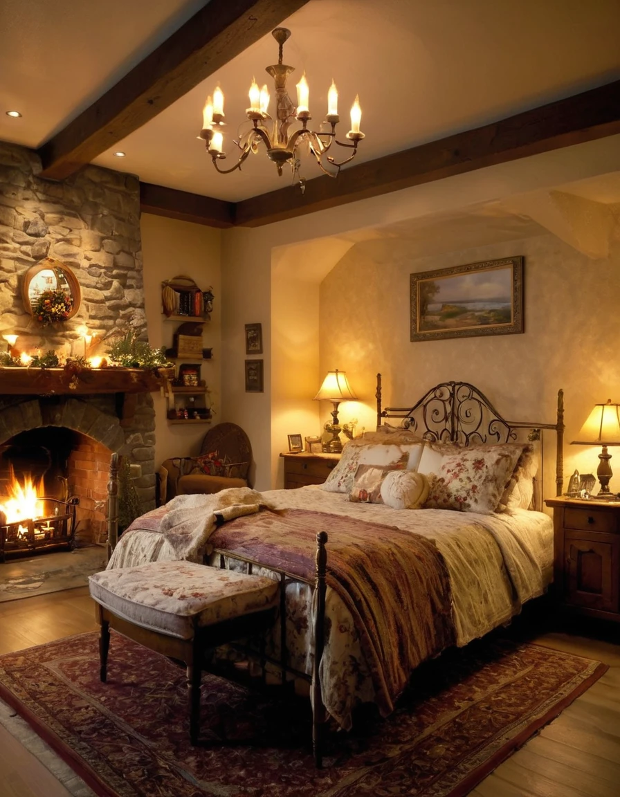 arafed bedroom with a fireplace and a bed with a blanket, thomas kinkade. cute cozy room, cozy and calm, cozy setting, very cozy, cozy wallpaper, cozy room, cozy place, cozy and peaceful atmosphere, cosy enchanted scene, cozy candlelight, cozy environment, cozy bed, soothing and cozy landscape, cozy atmosphere, cosy fireplace