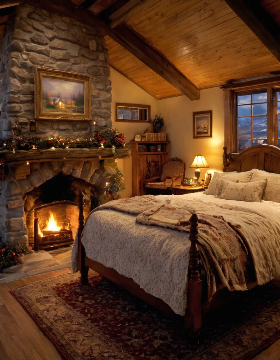 arafed bedroom with a fireplace and a bed with a blanket, thomas kinkade. cute cozy room, cozy and calm, cozy setting, very cozy, cozy wallpaper, cozy room, cozy place, cozy and peaceful atmosphere, cosy enchanted scene, cozy candlelight, cozy environment, cozy bed, soothing and cozy landscape, cozy atmosphere, cosy fireplace
