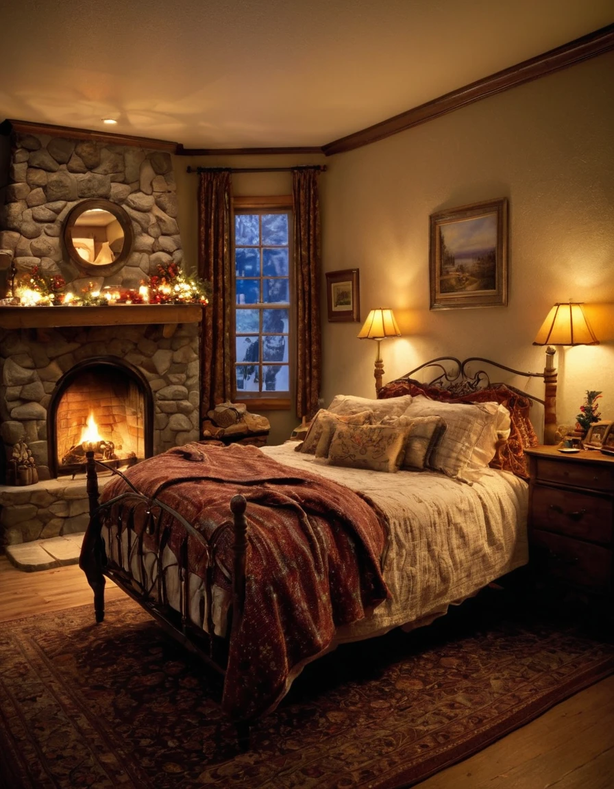 arafed bedroom with a fireplace and a bed with a blanket, thomas kinkade. cute cozy room, cozy and calm, cozy setting, very cozy, cozy wallpaper, cozy room, cozy place, cozy and peaceful atmosphere, cosy enchanted scene, cozy candlelight, cozy environment, cozy bed, soothing and cozy landscape, cozy atmosphere, cosy fireplace