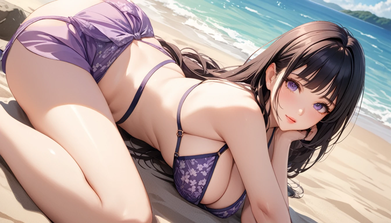 masterpiece, High resolution, Perfect Face, The Beauty of Japan, 30 years old, Beautiful Face, Beach, Light purple bikini, Embarrassed look, Looking at the camera, (Top quality eyes), Detailed Texture, look at me, Married women, Cool women, (High resolutionの目), Black Hair, A little curvaceous
