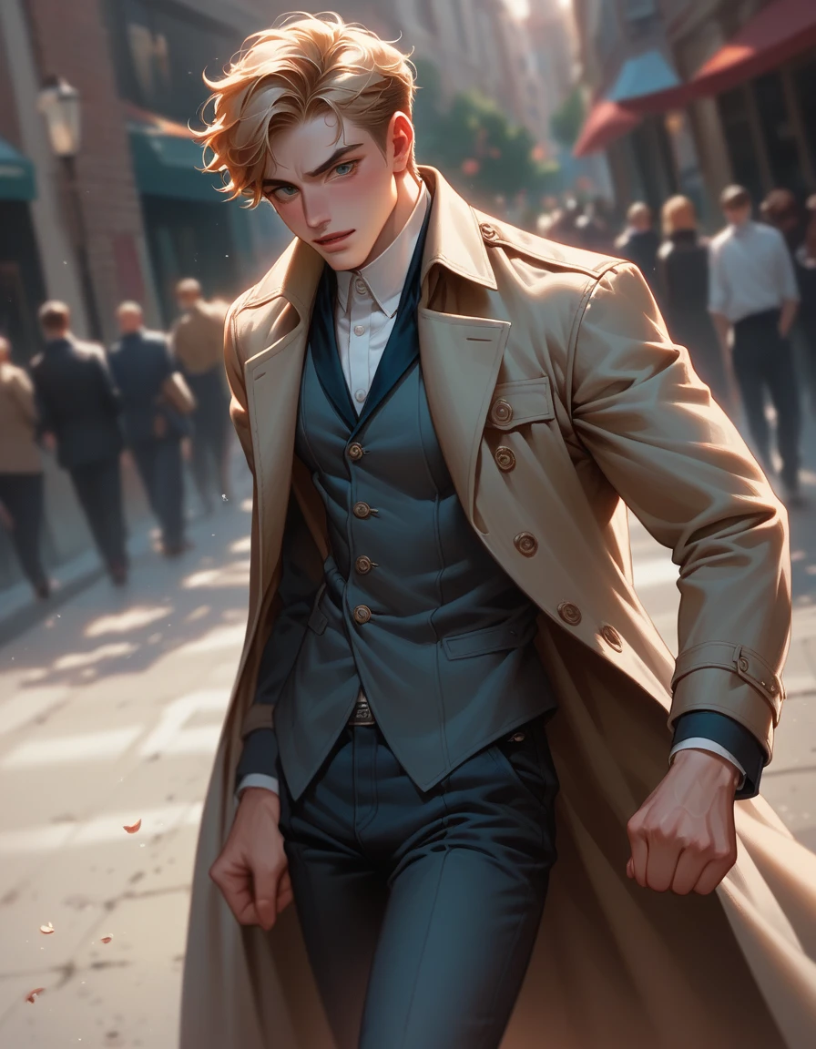 BREAK Perfect Anatomy、(High resolution:1.2)、Incredible illustrations、(Cute illustrations:1.2)、(nsfw)(dynamic angle,) （Beautiful background（）) 1boy(Fedoras, trench coats, vests, slacks, riding boots,1boy((a gay,slender 1.7meters, 50kg,）chase while shouting:1.3