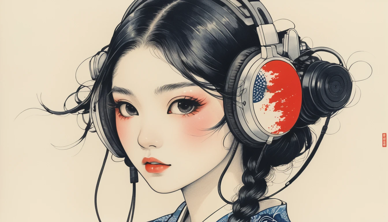 Japanese pattern mask, Highest quality, Katsushika Hokusai, Ink Painting, beautiful girl, Japanese style headphones, Delicate and precise, Modern ukiyo-e style, long hair, Japanese flag