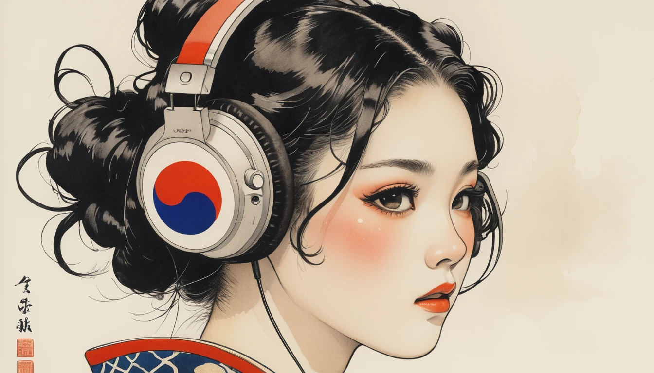 Japanese pattern mask, Highest quality, Katsushika Hokusai, Ink Painting, beautiful girl, Japanese style headphones, Delicate and precise, Modern ukiyo-e style, long hair, Japanese flag