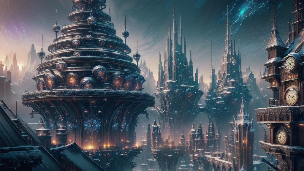 (((Epic composition metal object clock architecture_Punk Board))), Snow transparency in neurons, (((Fantasy cityscape background beautiful detailed:1.3))), ((Intricate details:1.2)), disease, Ecstasy atmosphere, The fused sky is a swirling vortex and a dream, Mysterious gel ink, Lighting creates a more dramatic effect, Lots of glitter balls, Wonderful realism, Glowing Neuron Sakura, Capture every detail, 极其Crazy details, Very cute fantasy flowers, Crazy details, Hologram style, Hologram rendering, Beautiful rendering, (((Complex surface detail textures:1.3))), Ridiculous resolution, dark fantasy aesthetic, Extremely beautiful art, Stunning and beautiful visual effects.