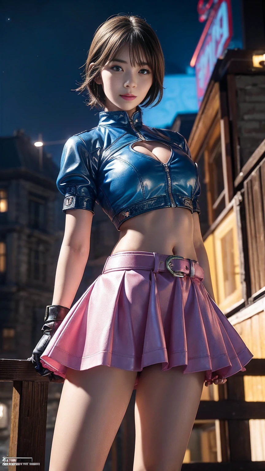 One girl,Cowboy Shot, Beautiful Nora_Valkyrie, View your viewers, smile, short hair, blue eyes,Heart Cutout, gloves, Sexy skimpy jacket, Pink short skirt, Pink Belt, Short sleeve, Puffy sleeves, Wrist Seal, fingerless gloves, Black Hair, pink gloves, Dynamic pose, night, Outdoor, city, (Volumetric lighting), Highest quality, masterpiece, Intricate details, Tone Mapping, Sharp focus, Super detailed, Trending on Art Station, Big and slender body