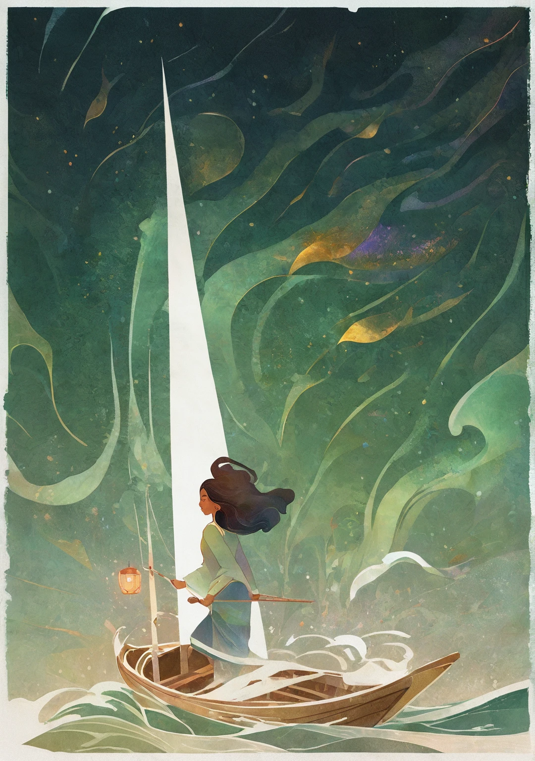 “A girl navigating a small boat on an ocean where the waves are formed by her own flowing hair. The hair gradually changes color from dark to vibrant hues, symbolizing the transformation of obstacles into the force driving her forward. The woman is at the helm, facing the challenges with determination. The boat features a small lantern at the front, with the word ‘Courage’ inscribed on it. The dynamic waves emphasize the struggle and the power of courage.”