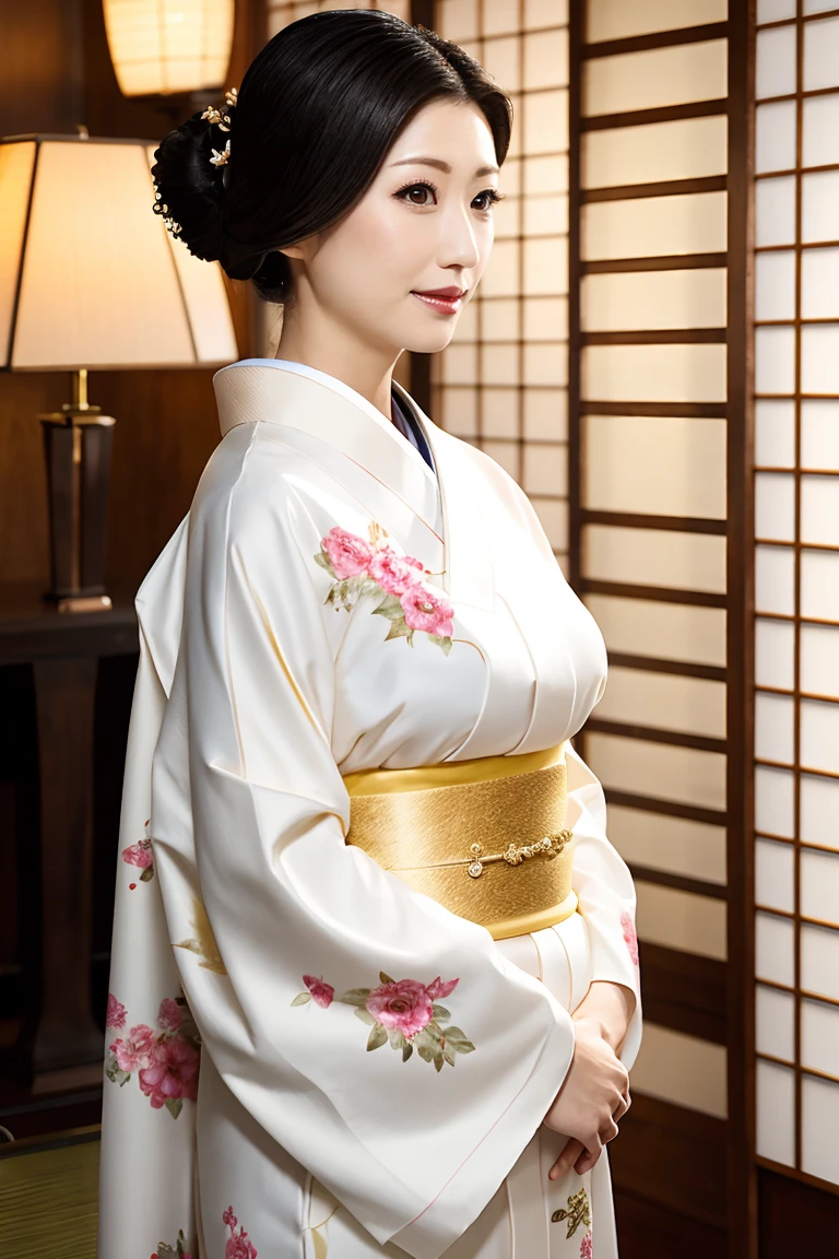 (Highest quality、Tabletop、8K、Best image quality、Award-winning works)、(1 Beautiful Mature Woman:1.1)、(Innkeeper:1.1)、(Elegant floral kimono:1.2)、(A kimono with a perfect and accurate collar:1.2)、Perfect Mature Woman Portrait Photo、Glowing Skin、Standing Elegantly、(Blurred elegant and elaborate perfect Japanese style room background:1.3)、(The most natural and perfect tidy Japanese-style room background:1.2)、(Elegant and luxurious Japanese style room background:1.1)、Glowing White Skin、Very white skin、(Accentuate your body lines:1.1)、(The most elegant posture:1.2)、(Large Breasts:1.2)、(Chignon:1.2)、(Accurate anatomy:1.2)、(Staring at me:1.3)、(Stand elegantly facing forward:1.2)、(Front view:1.3)、(Front facing body:1.1)