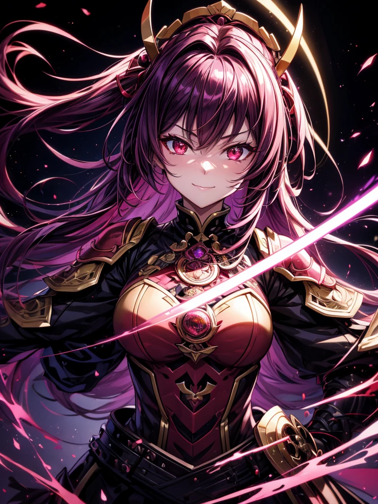 best quality,4K,high resolution),Ultradetailliert,realistisch,portrait, Lila Samurai Sukkubus mit einen katana dunkelrotem Haar, a purple-dark red armor with gold neon lights with gold trim and glowing red eyes, Leuchtende Farben, delicate features, seductive glance, Charming smile, wallende Haare, sanfte Beleuchtung