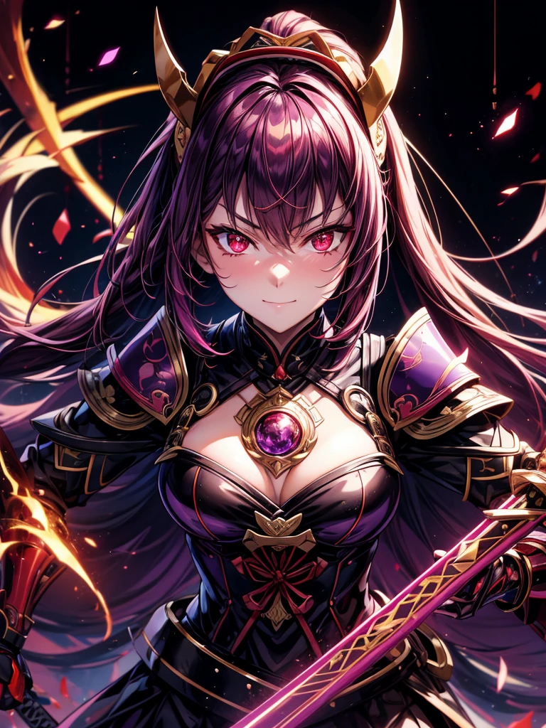 best quality,4K,high resolution),Ultradetailliert,realistisch,portrait, Lila Samurai Sukkubus mit einen katana dunkelrotem Haar, a purple-dark red armor with gold neon lights with gold trim and glowing red eyes, Leuchtende Farben, delicate features, seductive glance, Charming smile, wallende Haare, sanfte Beleuchtung