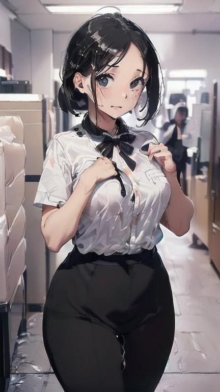 (must be follow these prompts:2.2),masterpiece,best quality,extremely detailed,(in her clothing:2.8),(black trousers on:2),(formal styled business suit:2.2),(normal body structures:3),(adorable expression:2.2),(usual face:2.2),(japanese pretty girl:1.7),(disposed of passed semen with her clothes to get frousy looks:1.6),(black hair:2.1),(A new employee girl working in the office:2.2),(The short new employee, who had been mercilessly ejaculated into the depths of her still-innocent vagina, quickly got herself dressed and in good spirits and returned to work.:1.9),(She is short but has a slightly plump body.:1.6),(Semen is dripping from this new employee's vagina and continues to leak through her hastily put on cute panties and black pants.:2.2),(A lewd, slimy urge:2.1),(The black pants that tightly hug the thighs of this new employee are soaked with lewd secretions.:2.2),(The breasts hidden under the clothing of this new employee are swelling in response to her intense lust.:2.5),(The body of this new employee is slightly bulging with lascivious impulses beneath her clothes.:2.1),(A short new employee in a business suit working in modern Tokyo:2.2),(This new employee works very diligently.:2.5),(A very pale amber-colored semen is ejaculated onto this new employee's pretty face, leaving a very pale smear scattered all over it.:1.8),(This new employee has short, thick legs.:1.6),(The new employee's black business suit jacket and trousers had old semen stains on them.:1.9),(first time々New Employees:2.2),(she looks like japanese idol:2.3),(The black pants are made of a durable fabric that will never tear.:3),(displayed one woman on single picture:3),(she looks like a lolita:2.0),(All of this happened to this new employee, not anyone else.:2.1),(A , voluptuous new employee has semen ejaculated all over her black business suit jacket and white blouse.:1.8),(old semen adhered her intervaginal side wall behind black trousers:1.9),(her jizzy vagina is unwashed:2.1),(Slimy semen was leaking from the crotch area of his black trousers.:1.9),(formal business jacket:2.2),(pretty rookie with tough business suit:2.2),(detailed drawing pussy juice through black trousers:2.0),(jizzy anal behind her panty:1.7),(lady's business jacket and black trousers must be on:2.1),(her mons pubis is smoothly buldged for accumulated love juice behind black trousers:1.8),(in her clothing:2.5),(in her black business jacket clothing:2.1),(black trousers are guarded her buldged pubic mound:1.9),(Make sure to depict the face:5.3),(Calm expression:4.3),(He continued to ejaculate a lot into her vagina.:1.9),(Innocent face:3),(This new employee has big breasts hidden under her black suit and blouse:2.3),(I carefully depicted just this one new employee.:3.3),(The only character who appears is this new employee.:4.2),(Wearing cum-covered loafers:2.1),(Portrait:7)