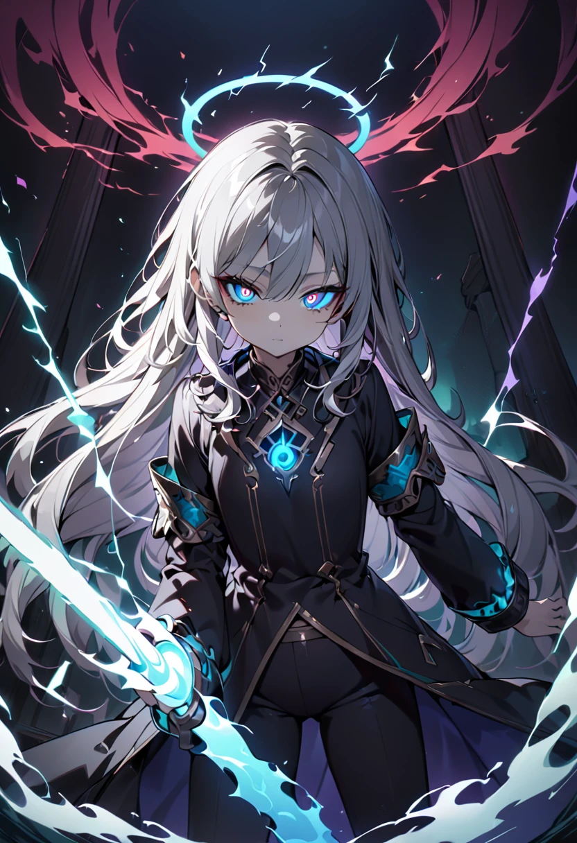 elementary, Shadow Surrounding Girl, lightning, Green Aura, Red aura, Purple aura, Flames surrounding the girl, masterpiece, Dark Theme, Highest quality, Maximum details, Very fine eye, Professional coloring, cinematic lightning, Remaining, Written boundary depth, Backlight, One Girl, Young girl, Silver Hair, Long Hair, Black glowing halo, Shining blue sea, Blue Flame, Fantasy style costumes, Black long coat, shirt, Black trousers, Swinging a thin black long sword, Expressionless, Purple left eye and blue right eye, Odd Eye, Glowing Eyes