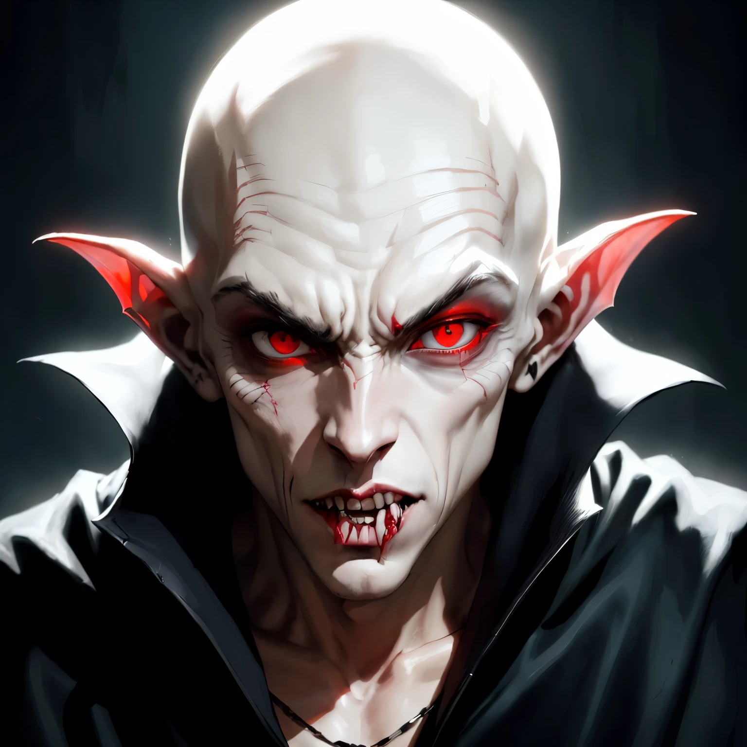 there is a digital painting of a male vampire with red eyes, male vampire of clan banu haqim, scary vampire, vampire portrait, male vampire, style of nosferatu, nosferatu, vampire of clan lasombra, portrait of a vampire, vampire, l vampire, vampire lord, sad vampire, as a vampire, dark vampire