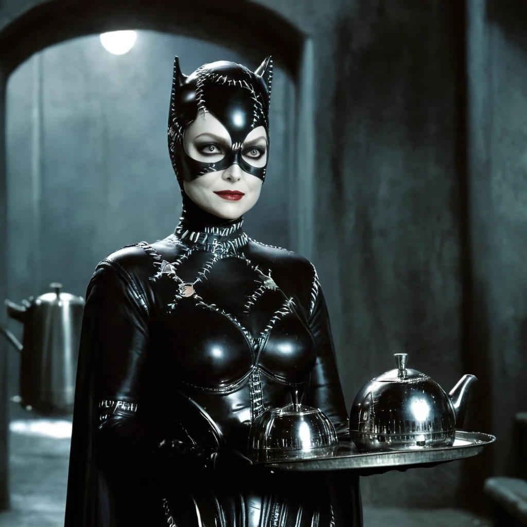 cinematic film still of  Selina Kyle a woman holding a tray with a silver kettle tim burton style,full body image, 2 people image, 35mm, portrait, 8k, real pictures, catwoman lay down on batman upper body and use batman cloak warp batman body stuck in his cloak like a silk mummy cocoon, in batman return the movie at street alley in the night 