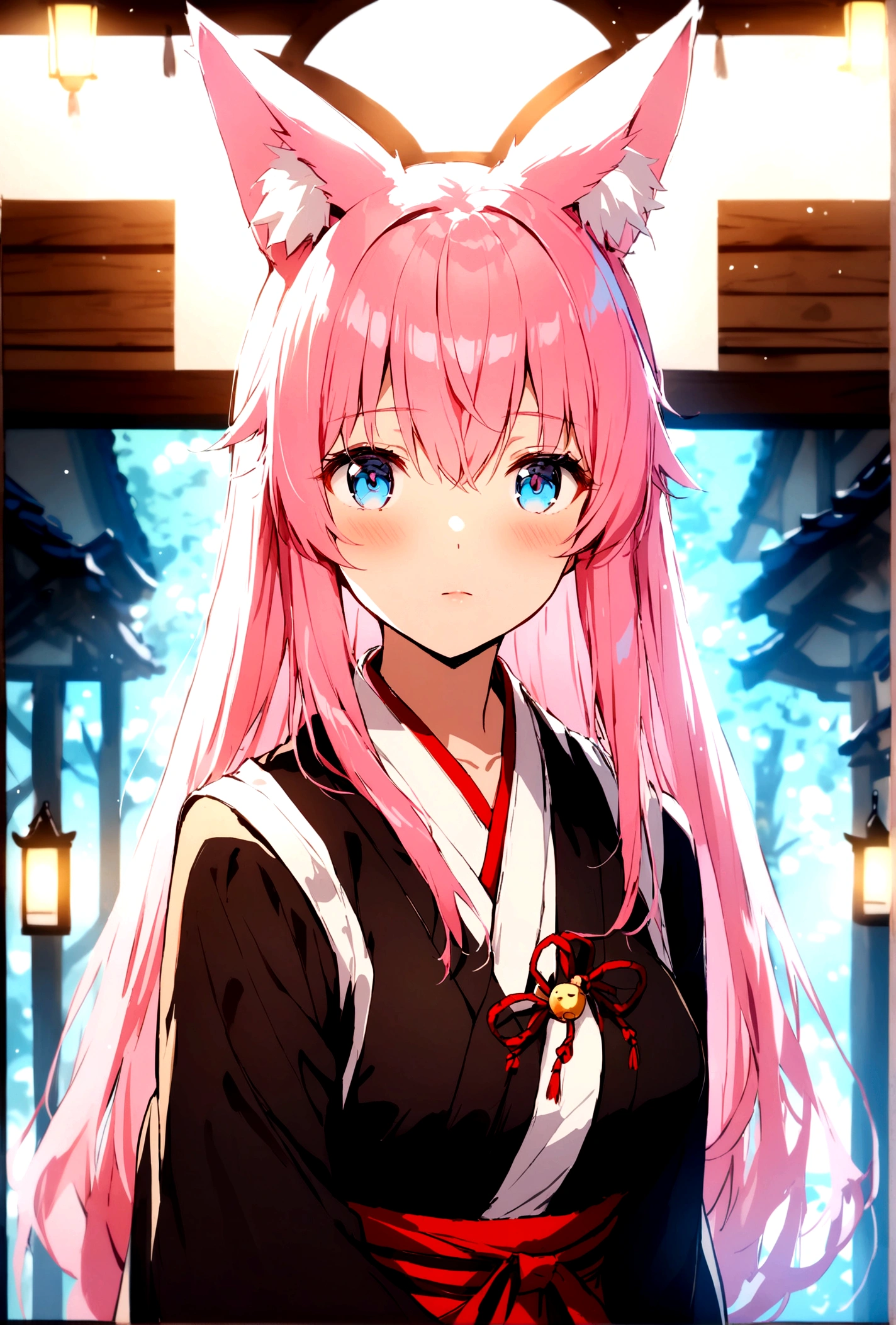 Pink Hair、long、Grating、Miko costume、Light blue eyes、Fox Ears、Girl