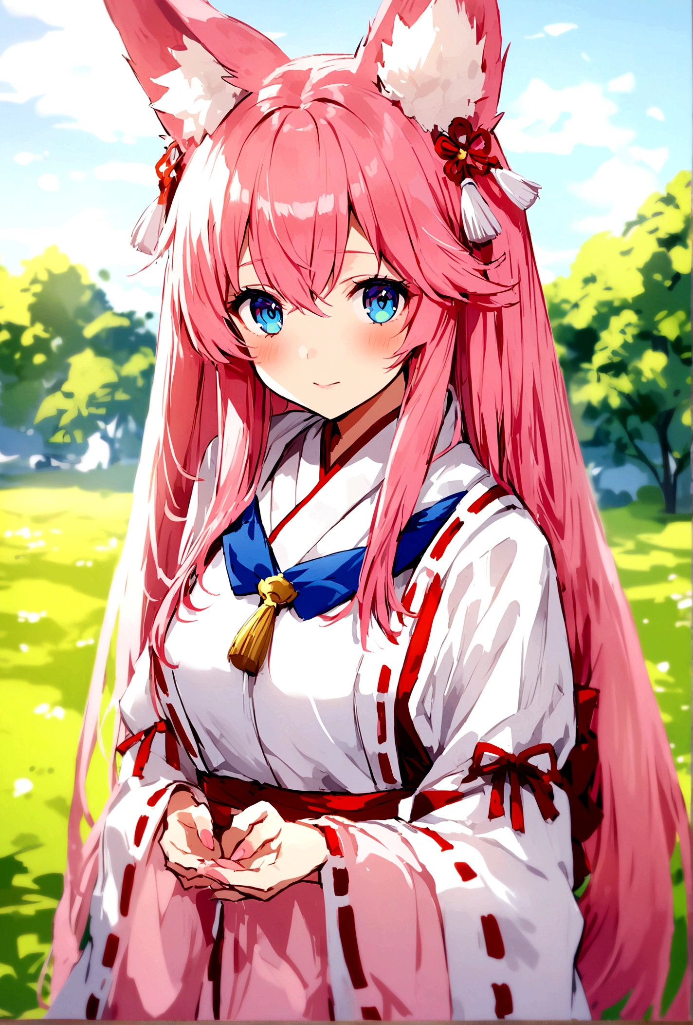 Pink Hair、long、Grating、Miko costume、Light blue eyes、Fox Ears、Girl