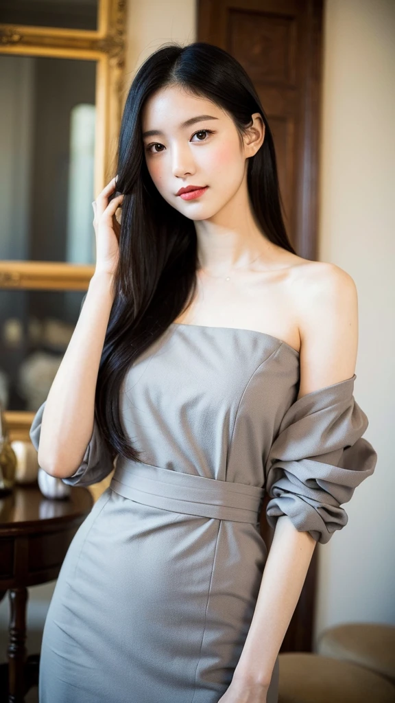 a beautiful young woman, 22 years old, with captivating gray eyes, pale porcelain skin, a slender figure, a warm and friendly smile, long flowing black hair, dressed in fashionable attire, arranging and displaying an array of antique items, photographed with an ultra-realistic professional camera, 8k, high resolution, masterpiece, photorealistic, intricate details, vivid colors, soft lighting, elegant, serene, timeless